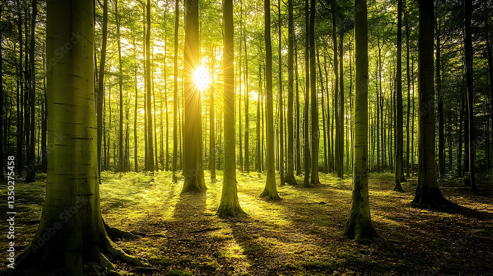 Poster sunlight filtering through the tall trees in a dense and lush forest