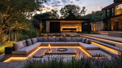 Outdoor sectional sofa set with garden torches and residual sunset lighting the space