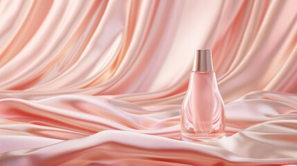 Pink perfume bottle with silk background.