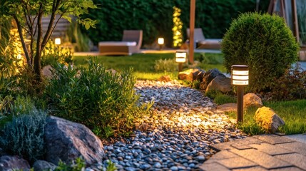 Garden terrace at twilight with soft solar lights highlighting the landscaping and patio