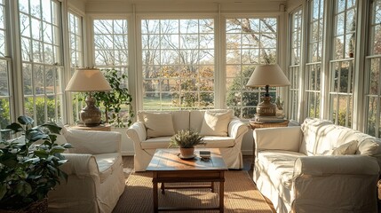 Obraz premium Enclosed sunroom with large windows letting in soft daylight and complemented by floor lamps