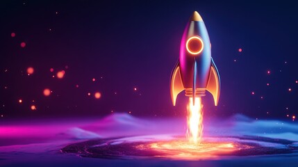 Naklejka premium Colorful rocket launching from a vibrant alien landscape