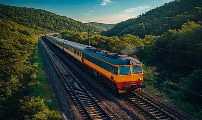 Obraz premium A Scenic Rail Journey Through Verdant Hillsides