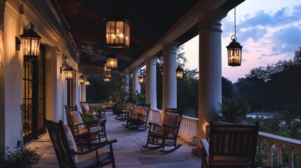 Fototapeta premium Spacious veranda with rocking chairs, overhead lanterns, and soft twilight tones