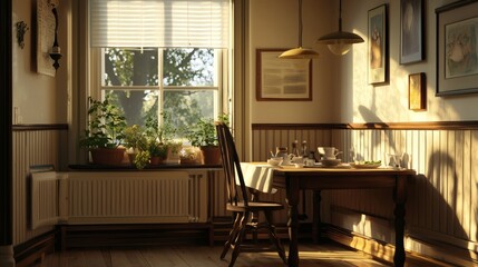 Homey breakfast nook with pendant lighting and gentle morning sun through nearby window
