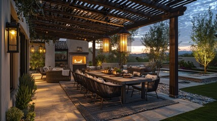 Open terrace with outdoor dining set under pergola, accented by lanterns and dusk lighting