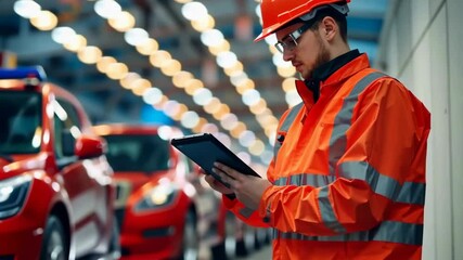 In a modern automotive facility, an experienced worker in a safety vest and helmet reviews data on a tablet, surrounded by a busy vehicle assembly line working at an impressive pace