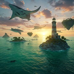 Dreamlike Seascape with Emerald Waters, Floating Islands, and Flying Marine Creatures, Lighthouse at Sunset, AI-Generated