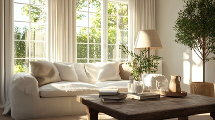 Living room featuring rustic decor, soft table lamps, and bright afternoon sunlight