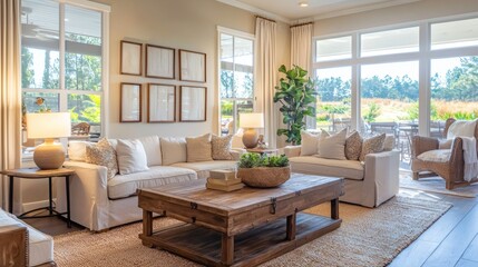 Living room featuring rustic decor, soft table lamps, and bright afternoon sunlight