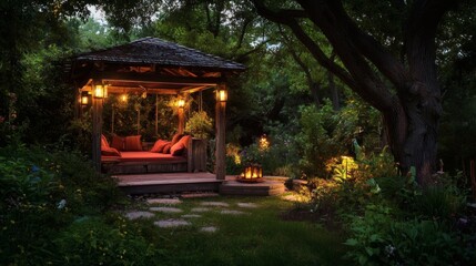 Backyard cabana surrounded by garden lamps and warm twilight glow creating a relaxing vibe