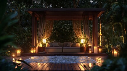 Backyard cabana surrounded by garden lamps and warm twilight glow creating a relaxing vibe