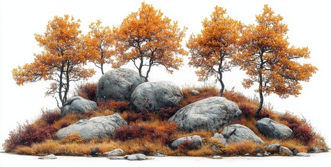 Deciduous trees are nestled among rocks, with cutout yellow trees in autumn standing out against a transparent background, ideal for use in landscaping or architectural visualization to depict a