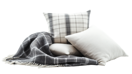Gray and White Throw Blanket and Pillows on Transparent Background, PNG