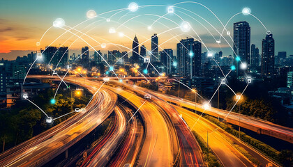 Fototapeta premium Urban connectivity at night illuminated by technology