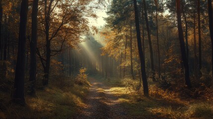 Obraz premium Autumnal forest path, sun rays, misty morning, nature background, tranquil scene