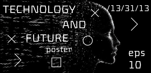 Digital art poster with a pixelated head silhouette and geometric elements on a black background, conveying a futuristic tech theme.