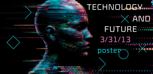 Digital art poster with a pixelated head silhouette and geometric elements on a black background, conveying a futuristic tech theme.