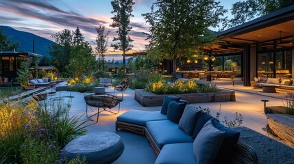 Obraz premium Patio area with modern seating, soft garden lights, and twilight sky in the background