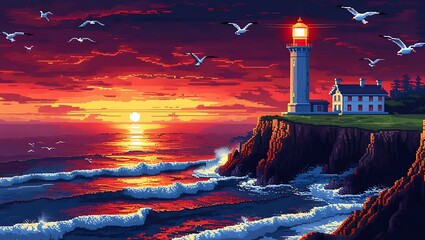 A dramatic pixel art scene of a towering lighthouse standing on a rugged cliffside as a storm rages. The lighthouse’s bright beam cuts through the darkness, guiding lost sailors to safety