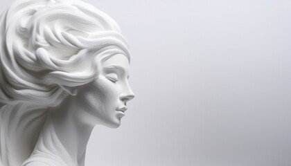 Harmonious white-on-white composition of a serene woman's face, crafted from a material similar to plaster, cast, or snow, executed in a minimalist style that radiates delicacy, elegance, and serenity