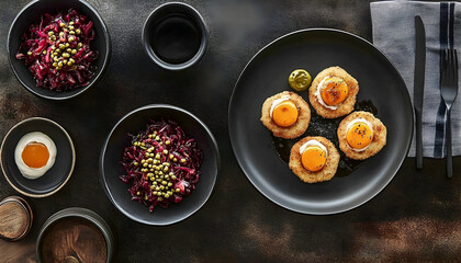 Exquisite fried eggs with vibrant red cabbage salad for a delectable experience