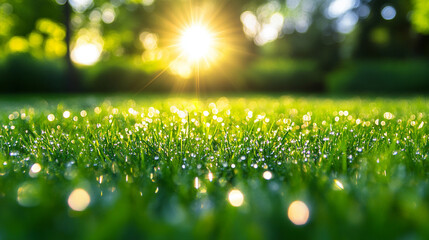 Obraz premium Morning sunlight glistening on dew-covered grass in a serene park setting, evoking tranquility
