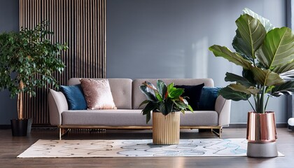 A few minimalist potted plants (such as a fiddle leaf fig or snake plant) add a touch of gre