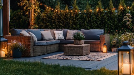 Backyard patio with outdoor sectional sofa, garden lanterns, and soft pink twilight sky