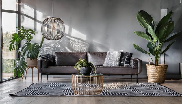 A few minimalist potted plants (such as a fiddle leaf fig or snake plant) add a touch of gre