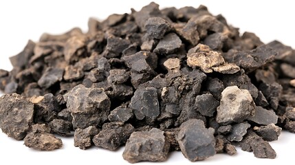 Dark brown, irregularly shaped, small rocks pile on white background.