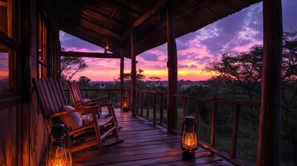 Covered porch with rustic wooden chairs, warm lanterns, and sunset hues in the distance