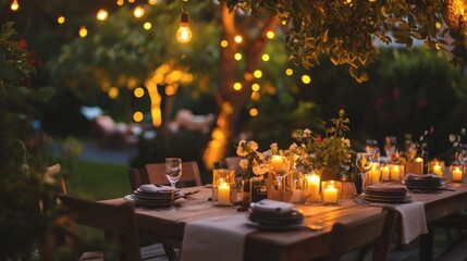 Outdoor dining area with soft glow from table candles and subtle natural twilight