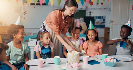 Birthday, school and teacher with cake for children in classroom for group party with dessert, hats and decoration. Happy, celebration and woman educator with students for special event with sharing.