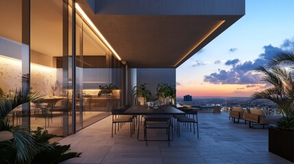 Fototapeta premium Outdoor terrace with dining table, warm-toned lighting, and soft glow of the evening sky