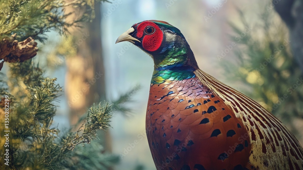 Poster a pheasant stands on a branch of a pine tree