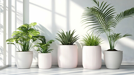 Obraz premium Indoor plants in modern pots, sunny room. Home decor, minimalist style