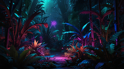 Futuristic Tropical Forest with Blue and Purple Lights