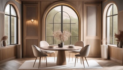  A refined dining space with a round stone-topped table and plush upholstered chairs, with an