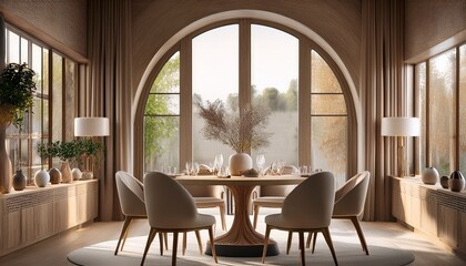  A refined dining space with a round stone-topped table and plush upholstered chairs, with an