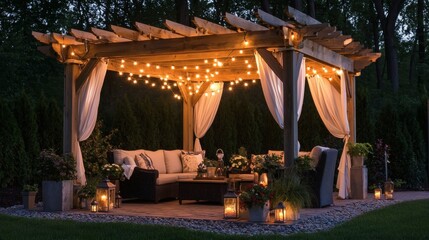 Wooden pergola-covered patio with cozy seating, garden lanterns, and glowing sunset beyond