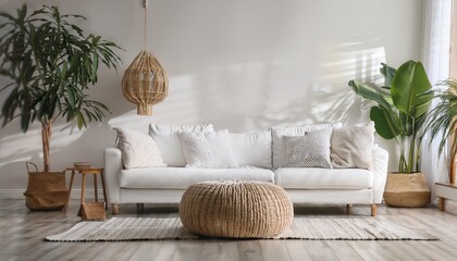 A Scandinavian-style living room with a wicker pouf and white fabric sofa, complemented by a