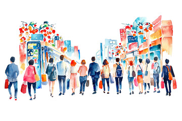 A diverse group of people walking through a vibrant street, carrying bags, surrounded by colorful storefronts and decorations.
