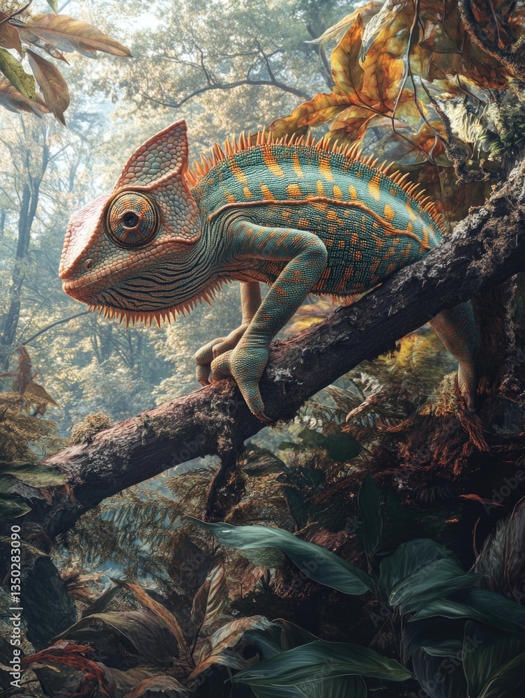 Poster colorful chameleon perched on a tree branch in a lush forest setting