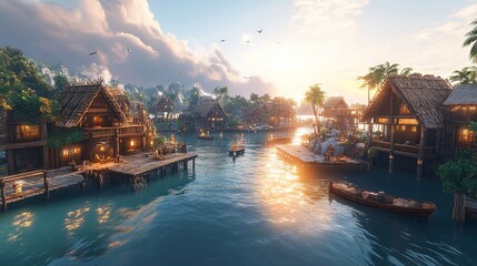 Fototapeta premium Tropical Village Sunset, Water Village, Island Life