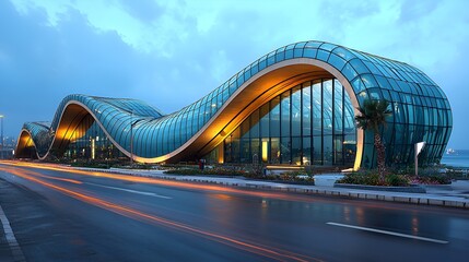 Fototapeta premium Modern architectural structure, city roadway, twilight scene