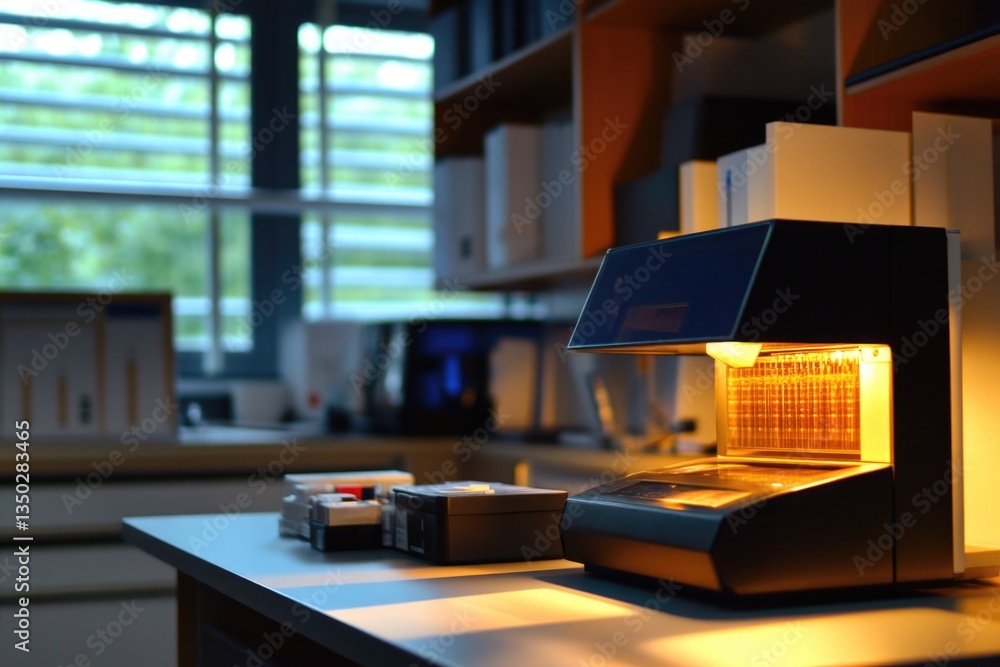 Poster a laboratory workstation with a computer and printer