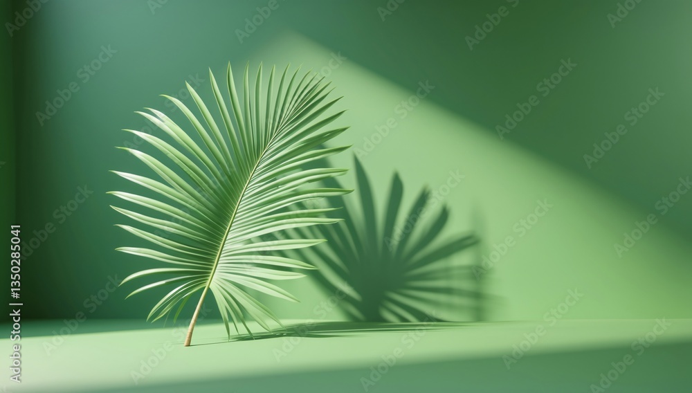 Poster a vibrant green palm leaf casting a shadow against a matching green backdrop, creating a serene and 