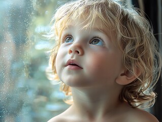 Toddler gazing out rainy window