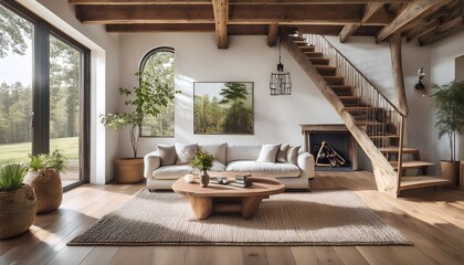  Industrial-Farmhouse Living Room with Floating Stairs – A modern farmhouse living space with